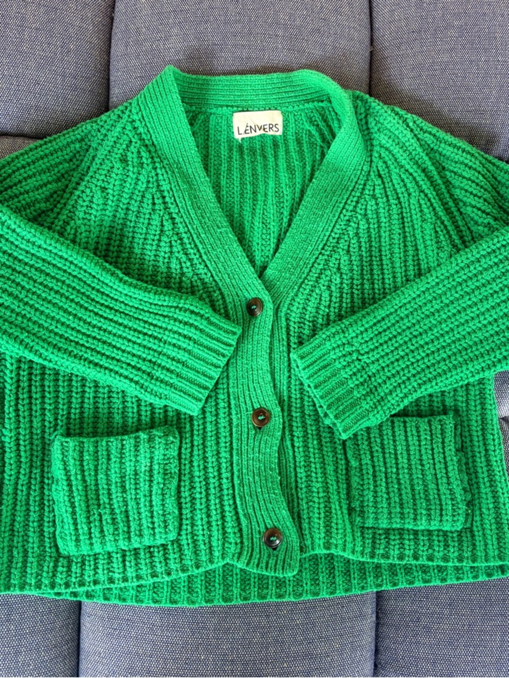 L’Envers Green Ribbed Button-Up Women's Cardigan - Merino Wool